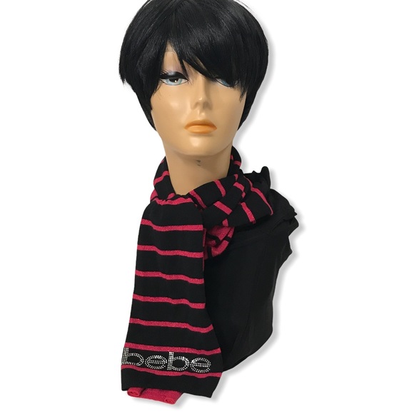 bebe Scarf striped Red Black embellished spell out Logo Size OS - Picture 3 of 7